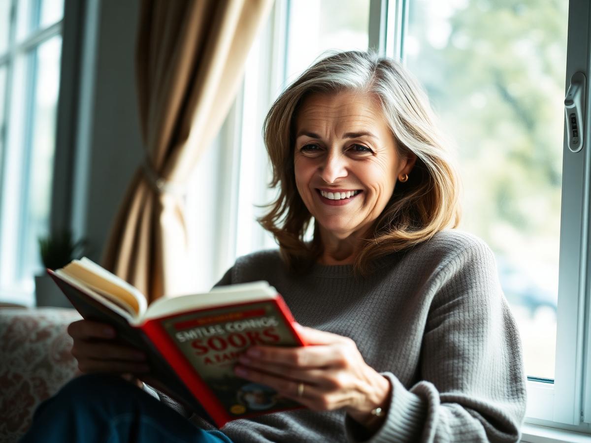 Woman comfortably reading a book in natural light with clear vision